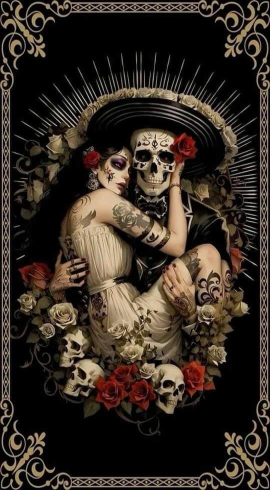 Gothic couple with sugar skull makeup surrounded by roses and skulls.