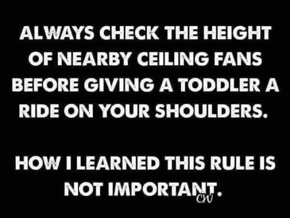 ALWAYS CHECK THE HEIGHT OF NEARBY CEILING FANS BEFORE GIVING A TODDLER A RIDE ON YOUR SHOULDERS HOW LEARNED THIS RULE IS NOT IMPORTANT