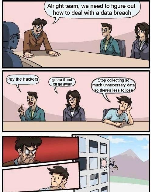 Alright team we need to figure out how to deal with a data breach Pay the hackers ore o a Siop collecting 50 o awmr m uch unnecessary data o theres less to loss