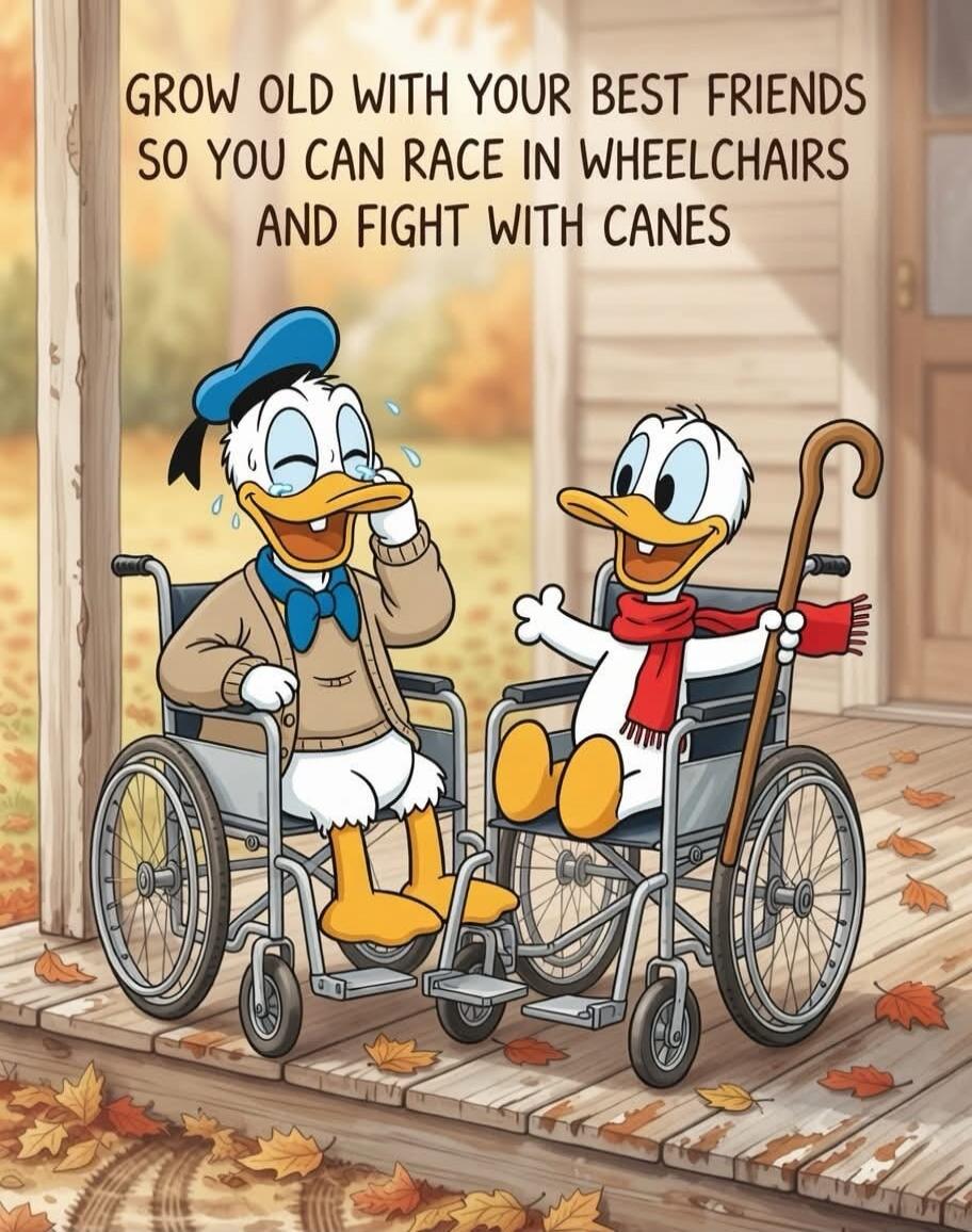 GROW OLD WITH YOUR BEST FRIENDS SO YOU CAN RACE IN WHEELCHAIRS AND FIGHT WITH CANES