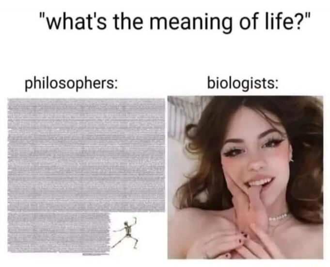 What's the meaning of life? Philosophers: (long, complex text) Biologists: (a woman making a suggestive gesture, implying reproduction/pleasure as the meaning of life).