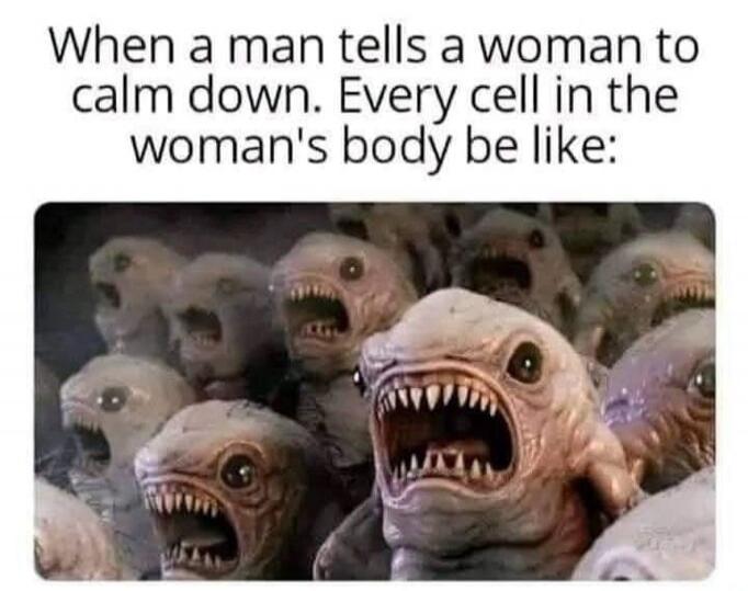 When a man tells a woman to calm down. Every cell in the woman's body be like: