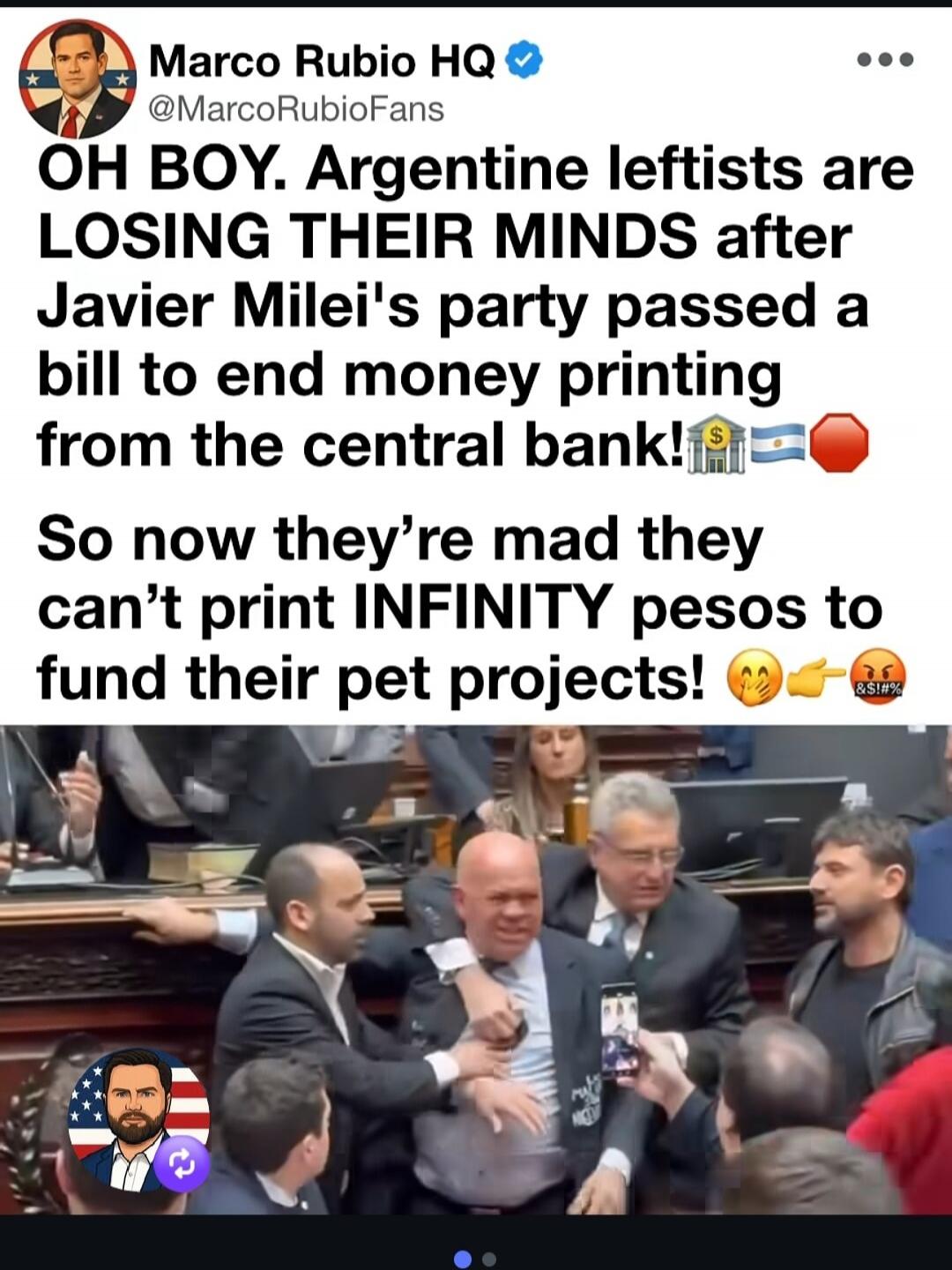 OH BOY. Argentine leftists are LOSING THEIR MINDS after Javier Milei's party passed a bill to end money printing from the central bank! So now they're mad they can't print INFINITY pesos to fund their pet projects!
