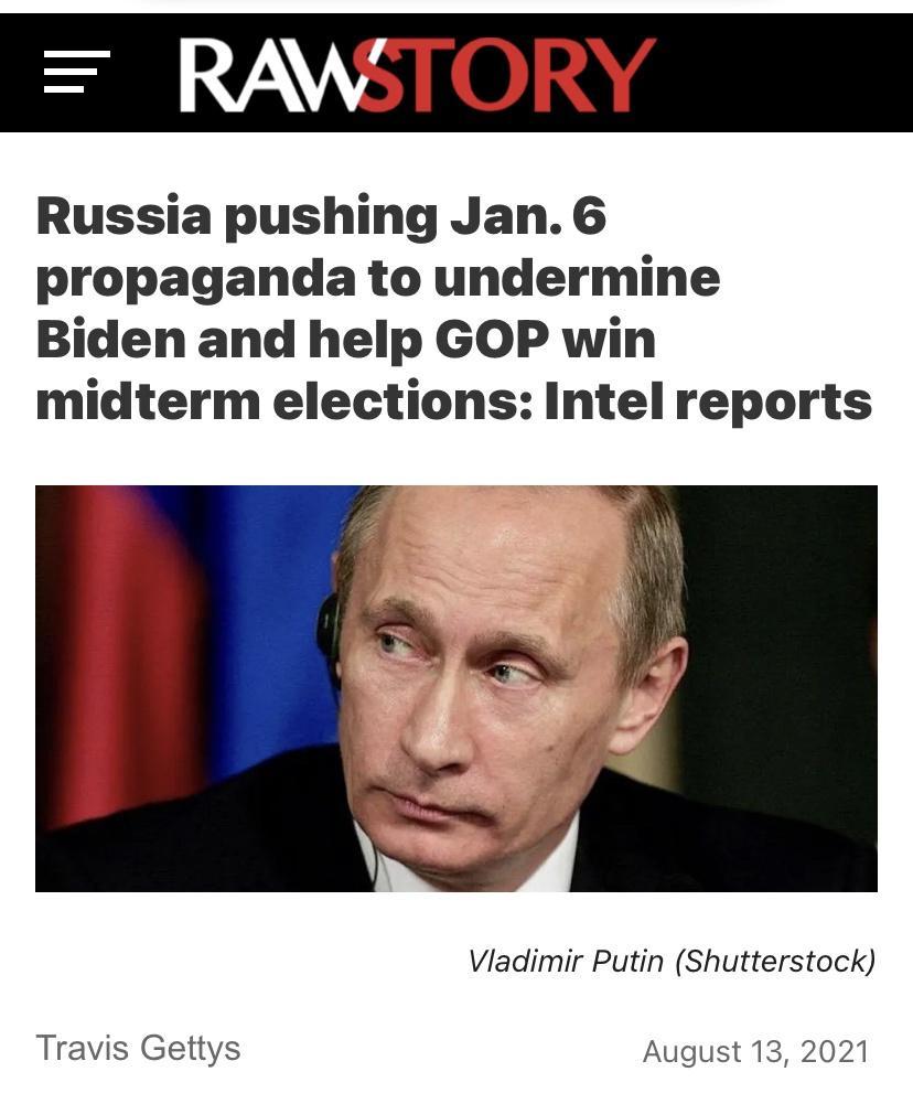 RAWSTORY Russia pushing Jan 6 propaganda to undermine Biden and help GOP win midterm elections Intel reports Vladimir Putin Shutterstock Travis Gettys August 13 2021