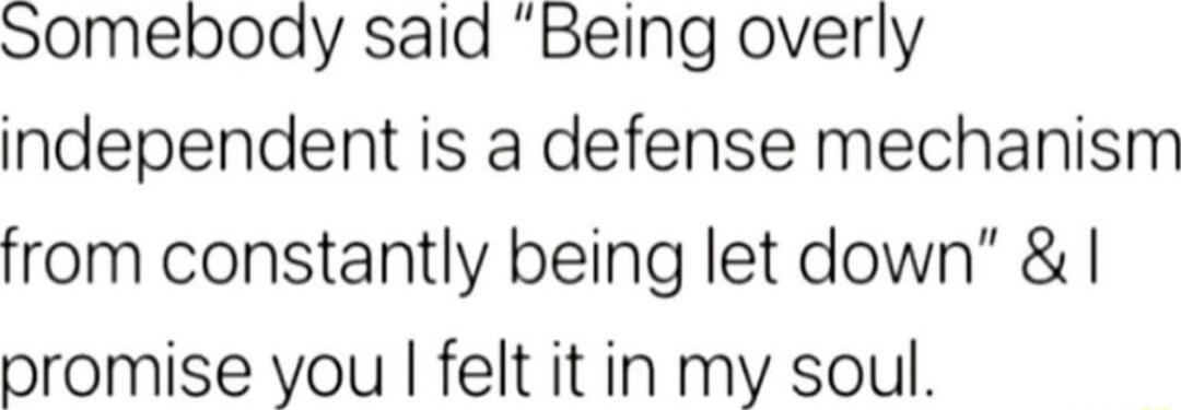 Somebody said Being overly independent is a defense mechanism from constantly being let down I promise you felt it in my soul