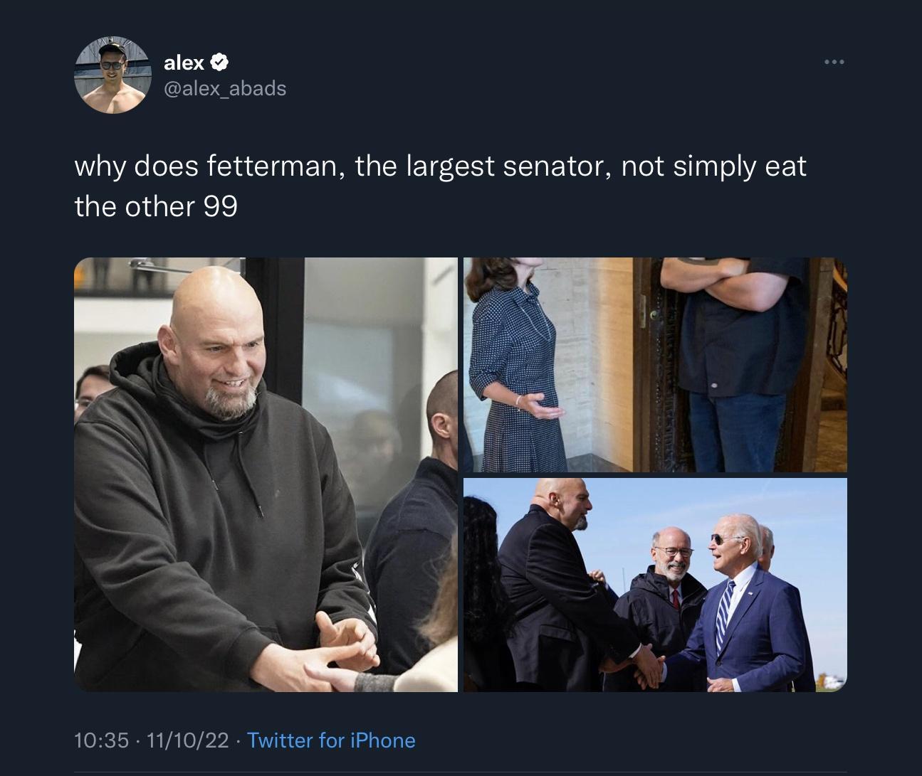 why does fetterman the largest senator not simply eat the other 99