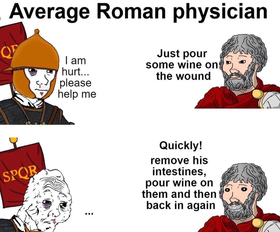 Average Roman physician Just pour some wine on the wound Quickly remove his intestines pour wine on them and then back in again
