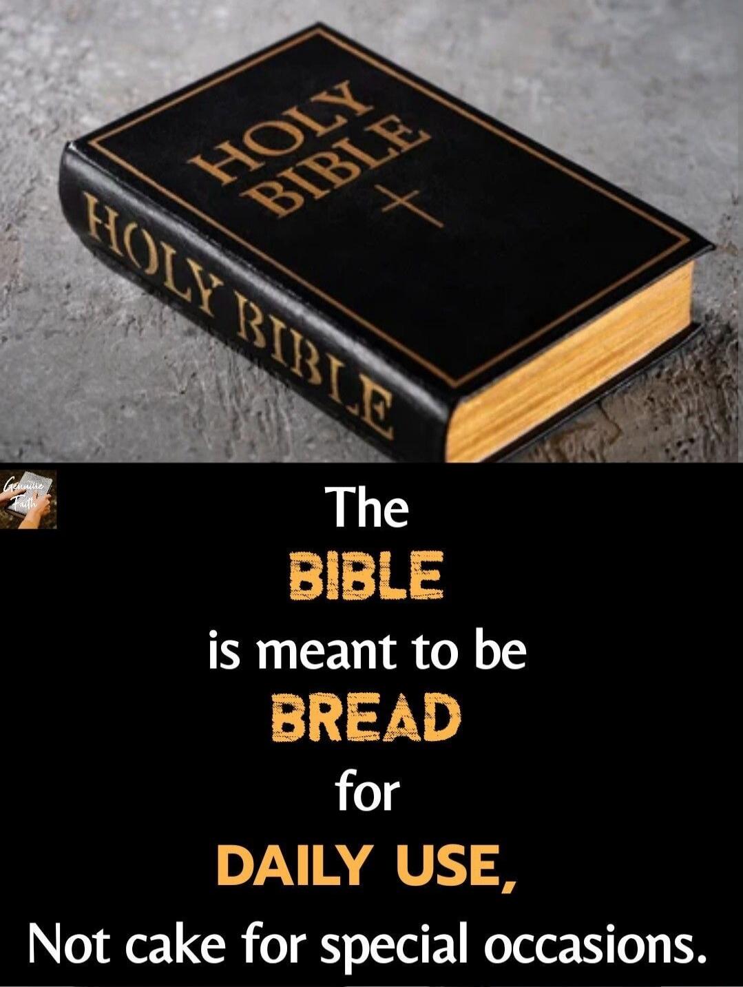 HOLY BIBLE. The BIBLE is meant to be BREAD for DAILY USE, Not cake for special occasions. Genuine Faith.