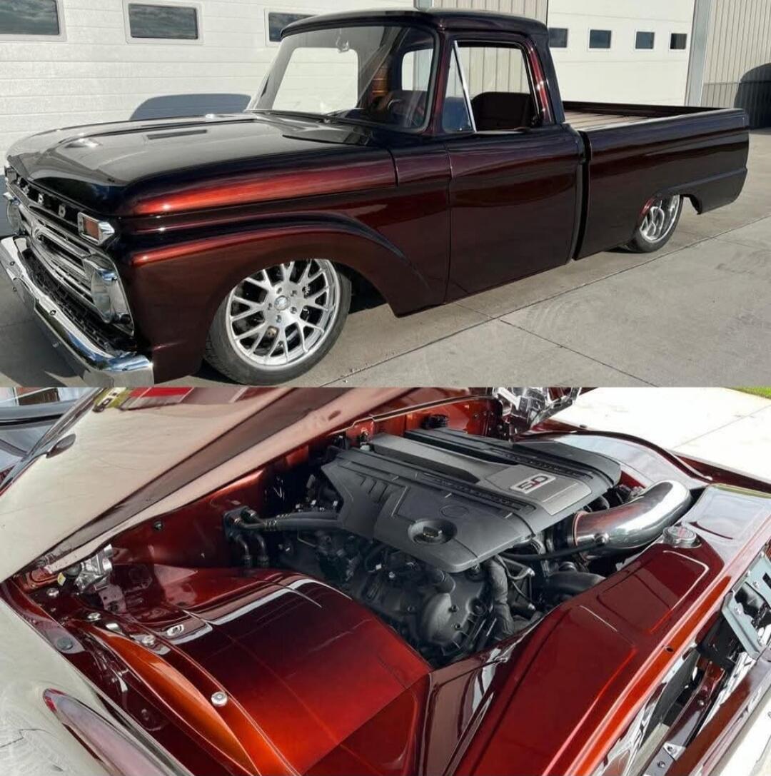 A classic burgundy Chevrolet pickup with a visible engine bay and modern wheels.