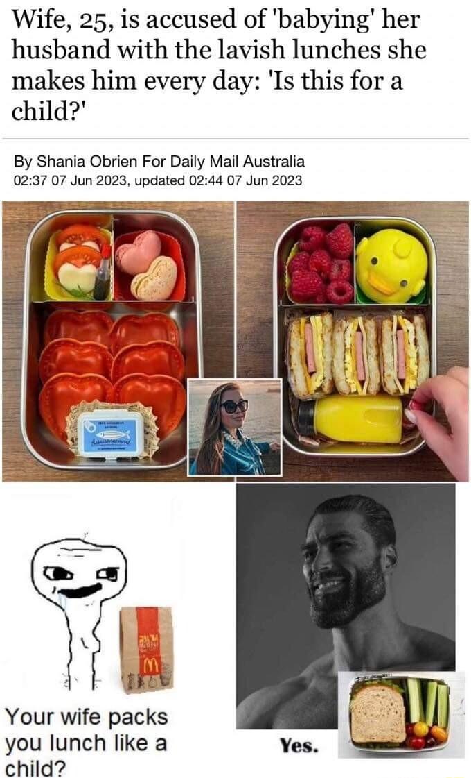 Wife 25 is accused of babying her husband with the lavish lunches she makes him every day Is this for a child By Shania Obrien For Daily Mail Australia 0237 07 Jun 2023 updated 0244 07 Jun 2023 121 Your wife packs you lunch like a child