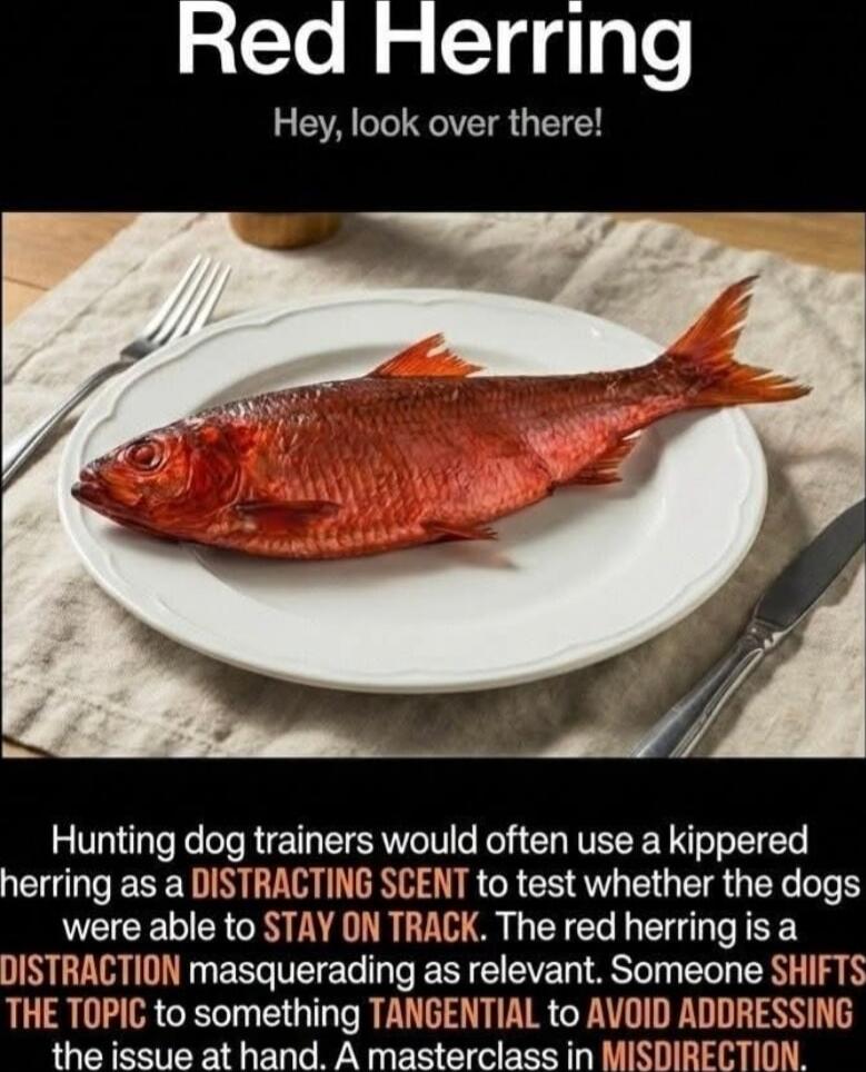 Red Herring
Hey, look over there!

Hunting dog trainers would often use a kippered herring as a DISTRACTING SCENT to test whether the dogs were able to STAY ON TRACK. The red herring is a DISTRACTION masquerading as a RELEVANT TOPIC. Someone SHIFTS THE TOPIC to something TANGENTIAL to AVOID ADDRESSING the issue at hand. A masterclass in MISINDIRECT