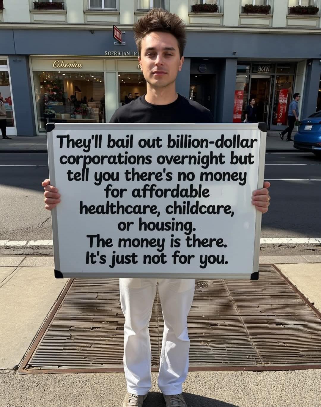They'll bail out billion-dollar corporations overnight but tell you there's no money for affordable healthcare, childcare, or housing. The money is there. It's just not for you.