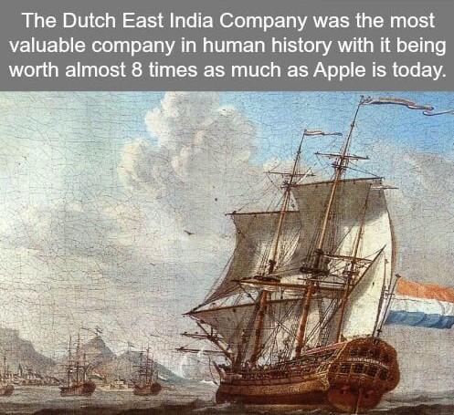 The Dutch East India Company was the most valuable company in human history with it being worth almost 8 times as much as Apple is today