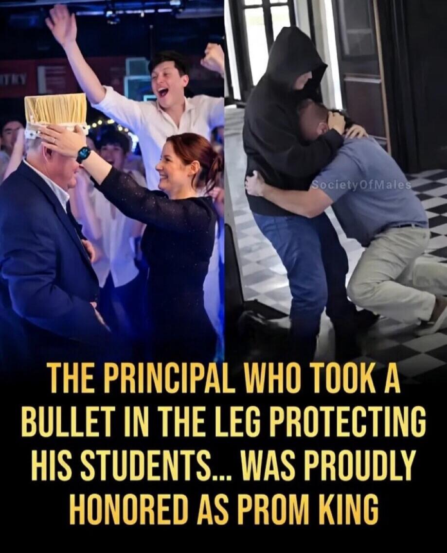 THE PRINCIPAL WHO TOOK A BULLET IN THE LEG PROTECTING HIS STUDENTS... WAS PROUDLY HONORED AS PROM KING. The image shows a split screen. On the left, a man is being crowned 'Prom King' by a woman, with a crowd cheering in the background. On the right, a man in a black hoodie is embracing another man who is kneeling on the floor, likely depicting the
