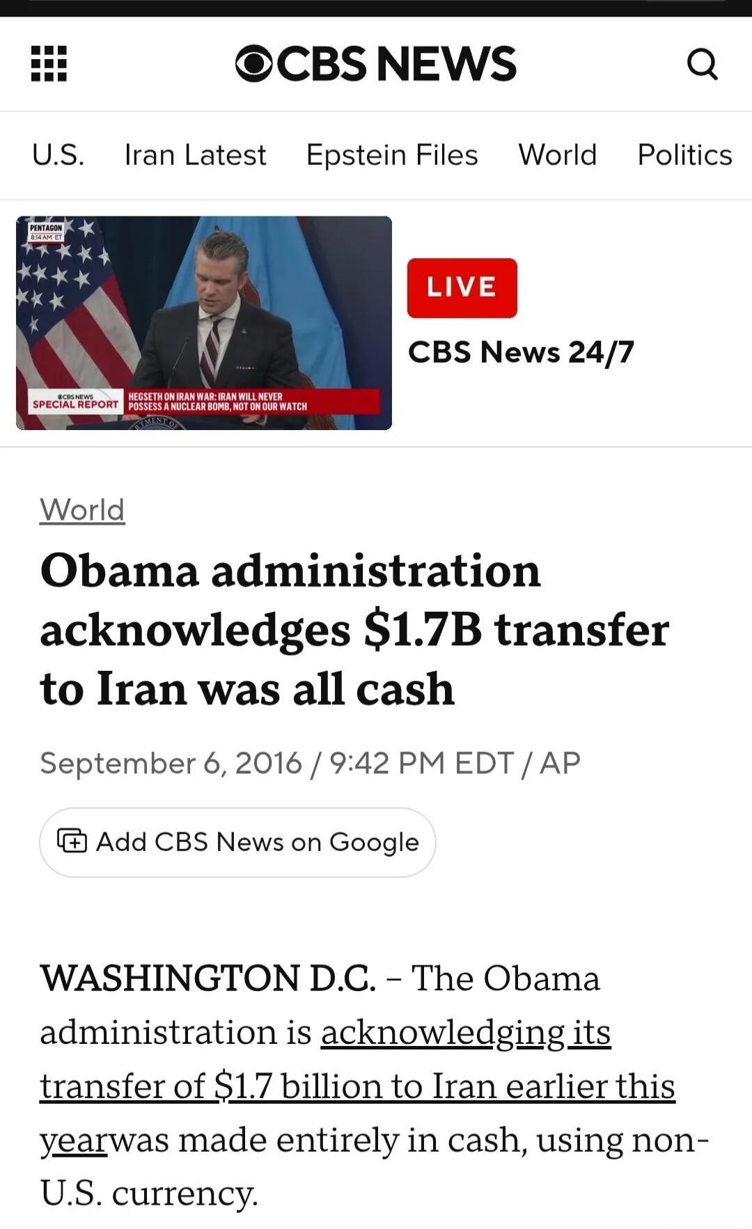 Obama administration acknowledges $1.7B transfer to Iran was all cash

September 6, 2016 / 9:42 PM EDT / AP

WASHINGTON D.C. - The Obama administration is acknowledging its transfer of $1.7 billion to Iran earlier this year was made entirely in cash, using non-U.S. currency.