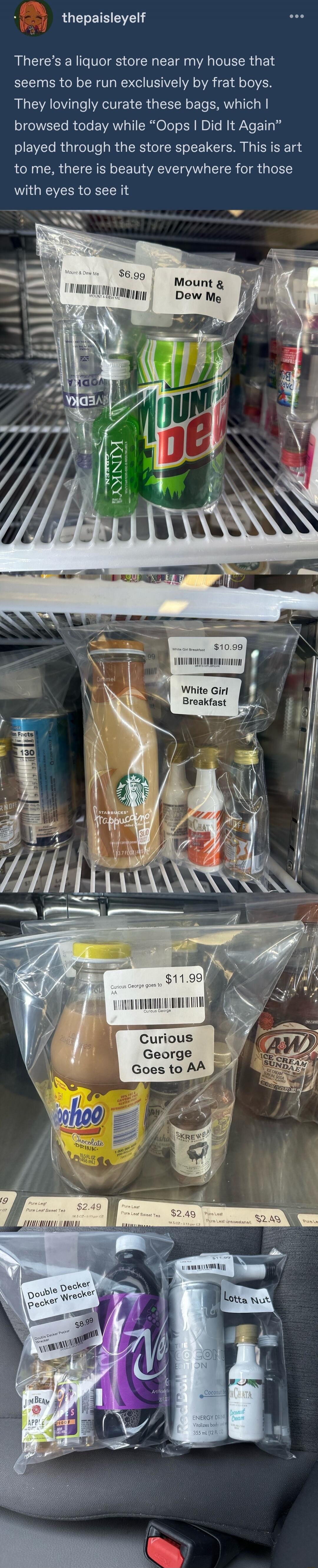 There’s a liquor store near my house that seems to be run exclusively by frat boys. They lovingly curate these bags, which I browsed today while “Oops I Did It Again” played through the store speakers. This is art to me, there is beauty everywhere for those with eyes to see it