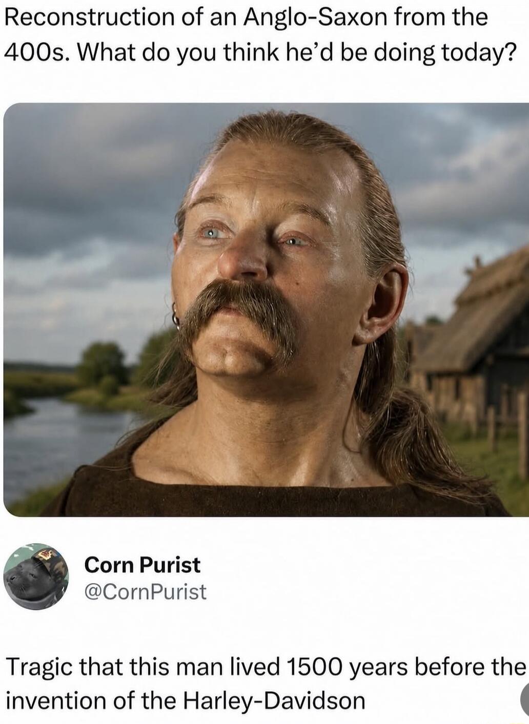 Reconstruction of an Anglo-Saxon from the 400s. What do you think he'd be doing today? Corn Purist @CornPurist Tragic that this man lived 1500 years before the invention of the Harley-Davidson