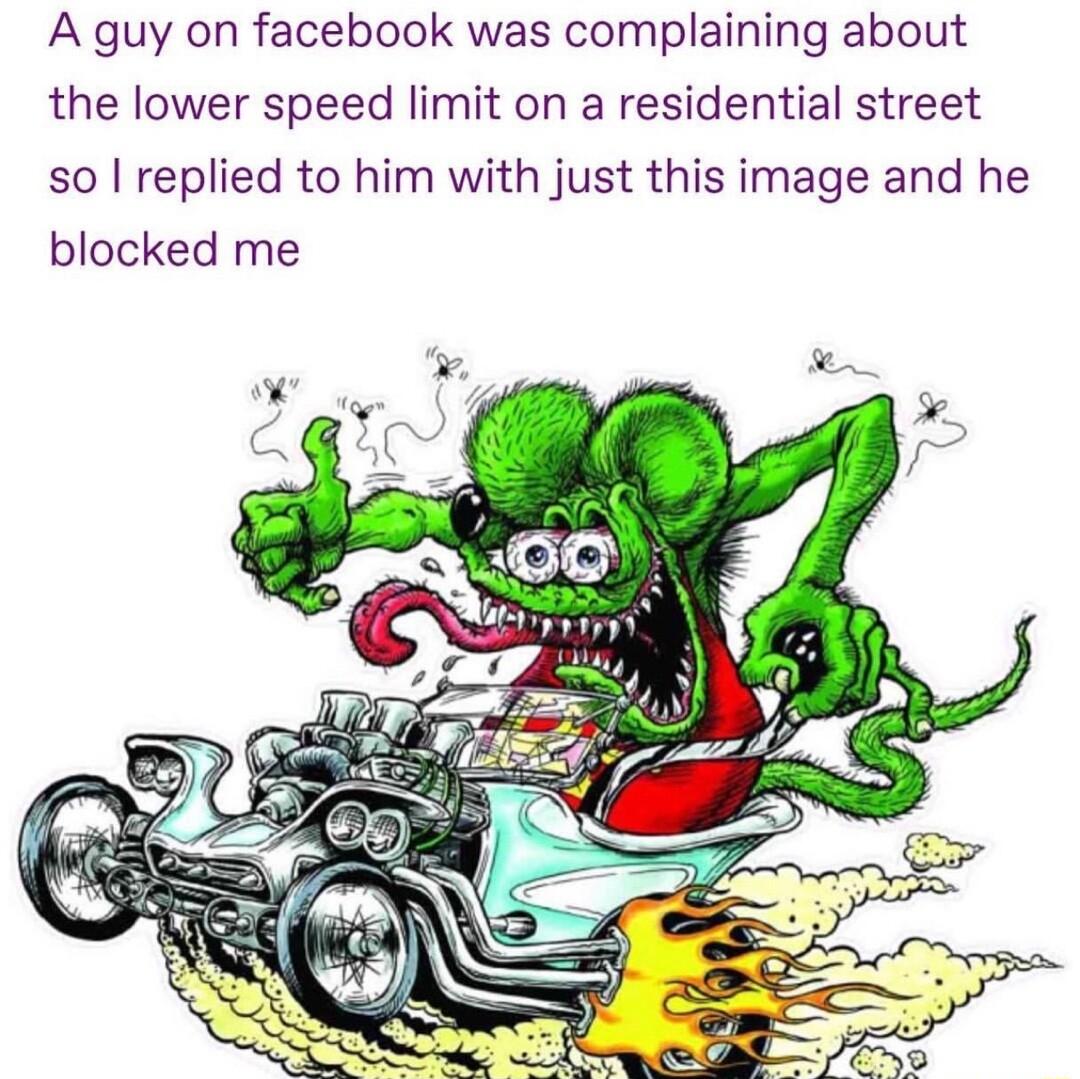 A guy on facebook was complaining about the lower speed limit on a residential street so replied to him with just this image and he blocked me