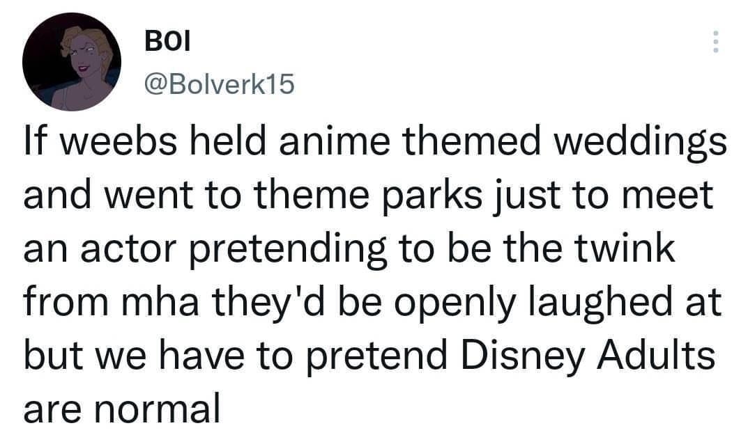 BOI Bolverk15 If weebs held anime themed weddings and went to theme parks just to meet an actor pretending to be the twink from mha theyd be openly laughed at but we have to pretend Disney Adults are normal 1523 08 Jun 22 Twitter for Android
