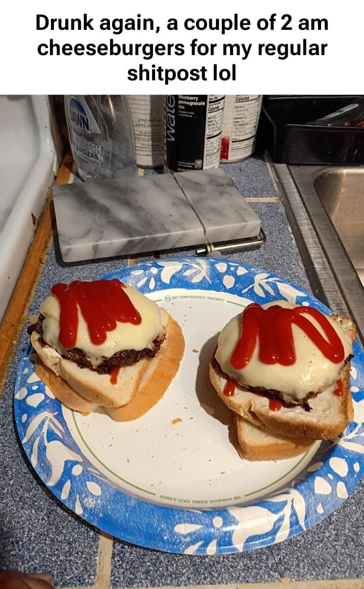 Drunk again, a couple of 2 am cheeseburgers for my regular shitpost lol