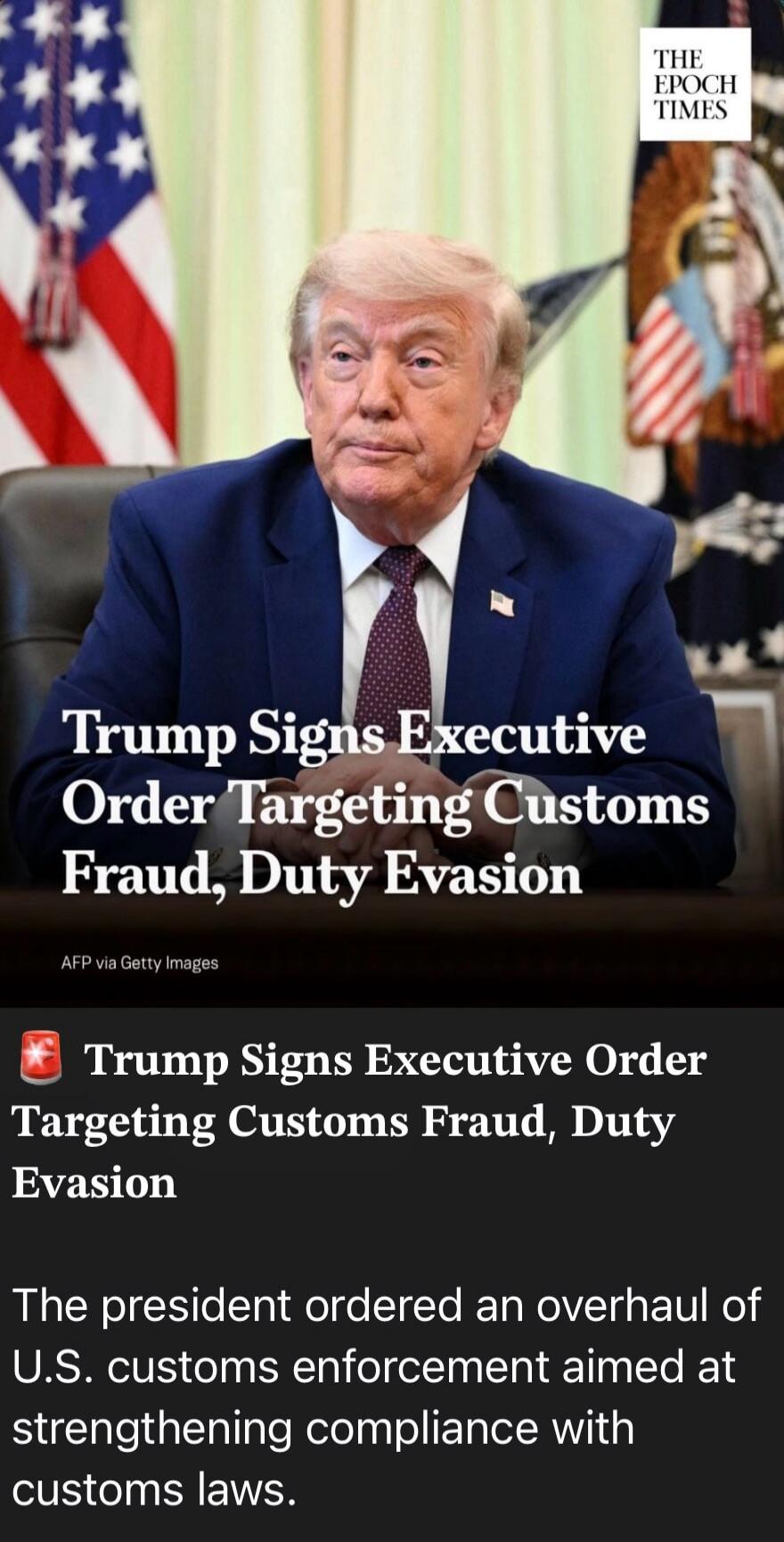 Trump Signs Executive Order Targeting Customs Fraud, Duty Evasion. The president ordered an overhaul of U.S. customs enforcement aimed at strengthening compliance with customs laws.