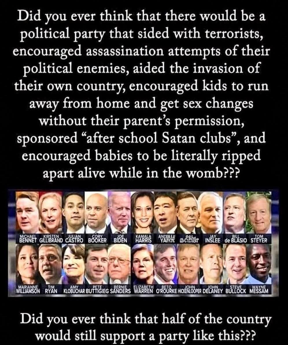 Did you ever think that there would be a political party that sided with terrorists, encouraged assassination attempts of their political enemies, aided the invasion of their own country, encouraged kids to run away from home and get sex changes without their parent's permission, sponsored 