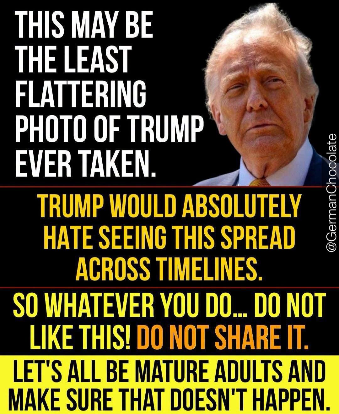 THIS MAY BE THE LEAST FLATTERING PHOTO OF TRUMP EVER TAKEN. TRUMP WOULD ABSOLUTELY HATE SEEING THIS SPREAD ACROSS TIMELINES. SO WHATEVER YOU DO... DO NOT LIKE THIS! DO NOT SHARE IT. LET'S ALL BE MATURE ADULTS AND MAKE SURE THAT DOESN'T HAPPEN. @GermanChocolate