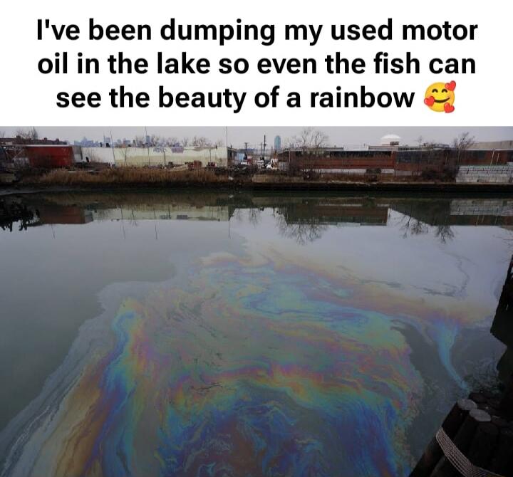 I've been dumping my used motor oil in the lake so even the fish can see the beauty of a rainbow 🥰