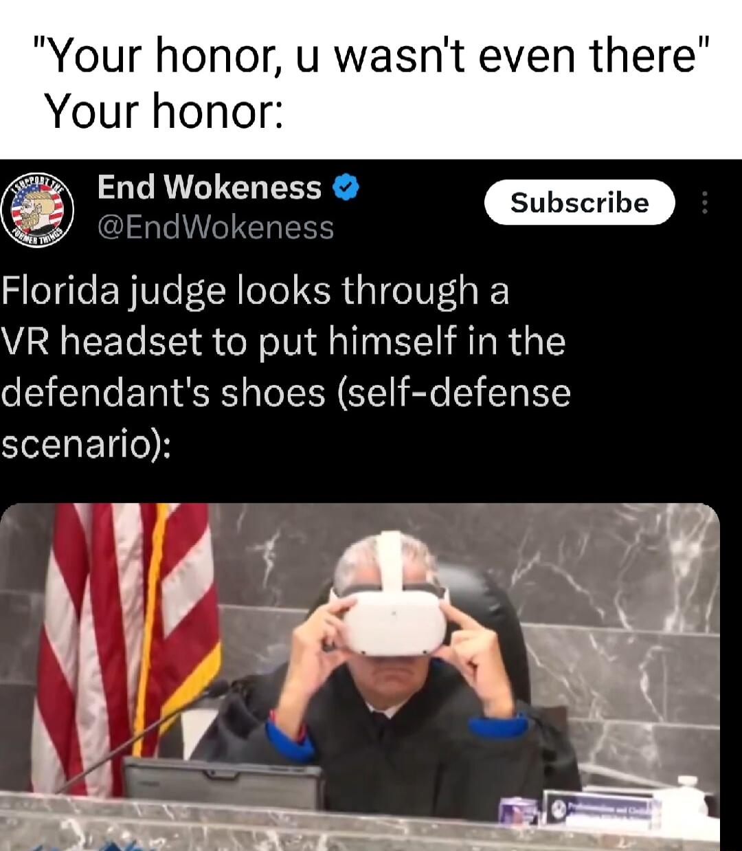 Your honor u wasnt even there Your honor End Wokeness Enc e Florida judge looks through a VR headset to put himself in the defendants shoes self defense scenario