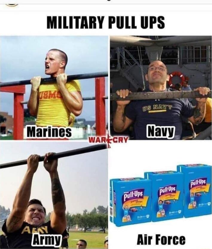 MILITARY PULL UPS
Marines
Navy
Army
Air Force
WAR CRY