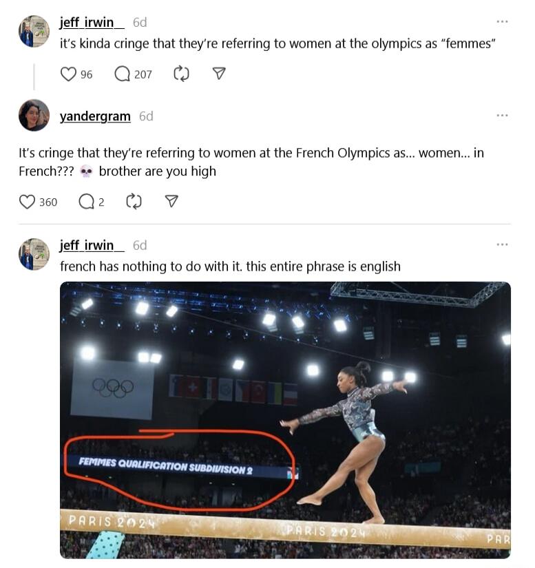 B Jeft inwin its kinda cinge that theyrerefeing to women at the olympics as femmes O Qmw v v 1t cringe that they e referting to women at the French Olympics as womenin French s brother are you high