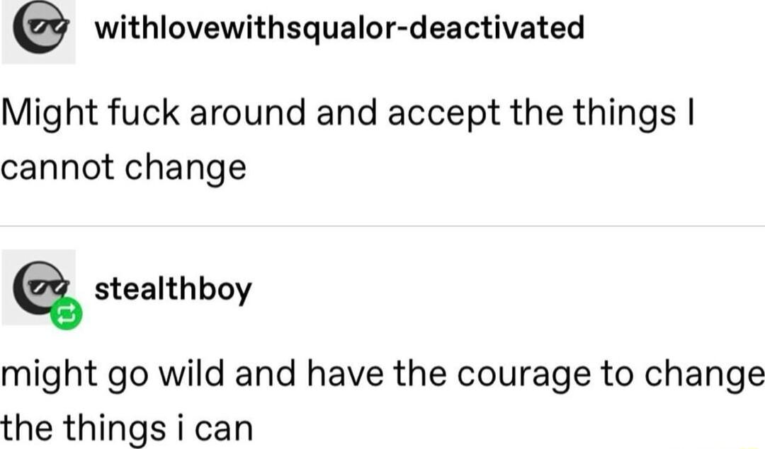 withlovewithsqualor deactivated Might fuck around and accept the things cannot change Q stealthboy might go wild and have the courage to change the things i can