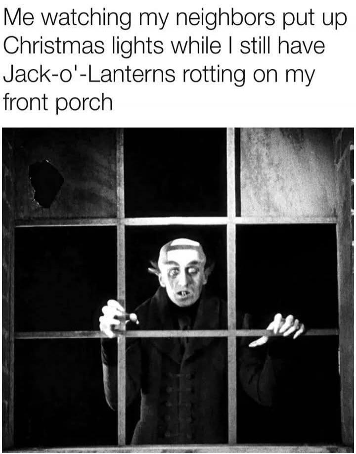 Me watching my neighbors put up Christmas lights while I still have Jack-o'-Lanterns rotting on my front porch