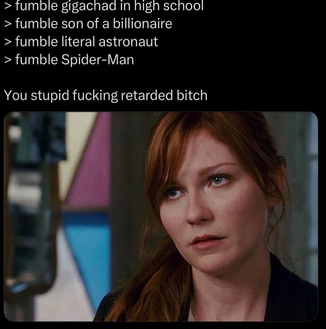 > fumble gigachad in high school
> fumble son of a billionaire
> fumble literal astronaut
> fumble Spider-Man
You stupid fucking retarded bitch
