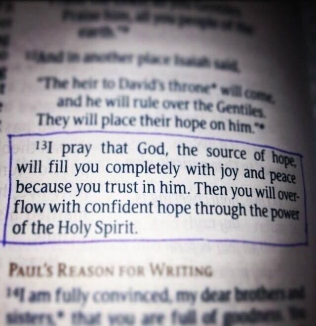 I pray that God, the source of hope, will fill you completely with joy and peace because you trust in him. Then you will overflow with confident hope through the power of the Holy Spirit.
