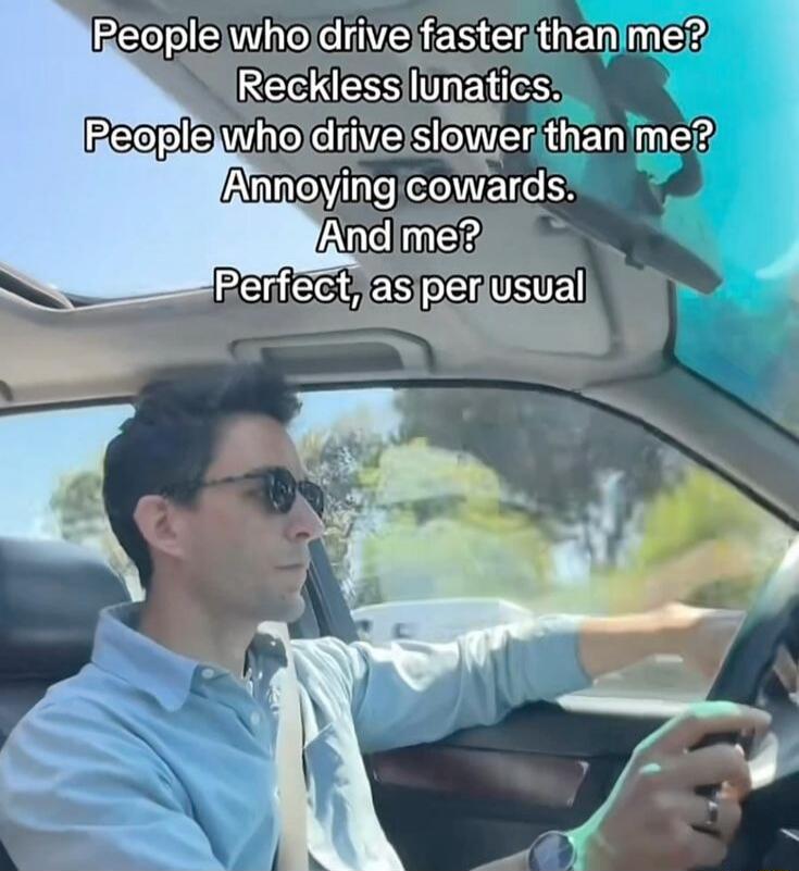 People who drive faster than me? Reckless lunatics. People who drive slower than me? Annoying cowards. And me? Perfect, as per usual