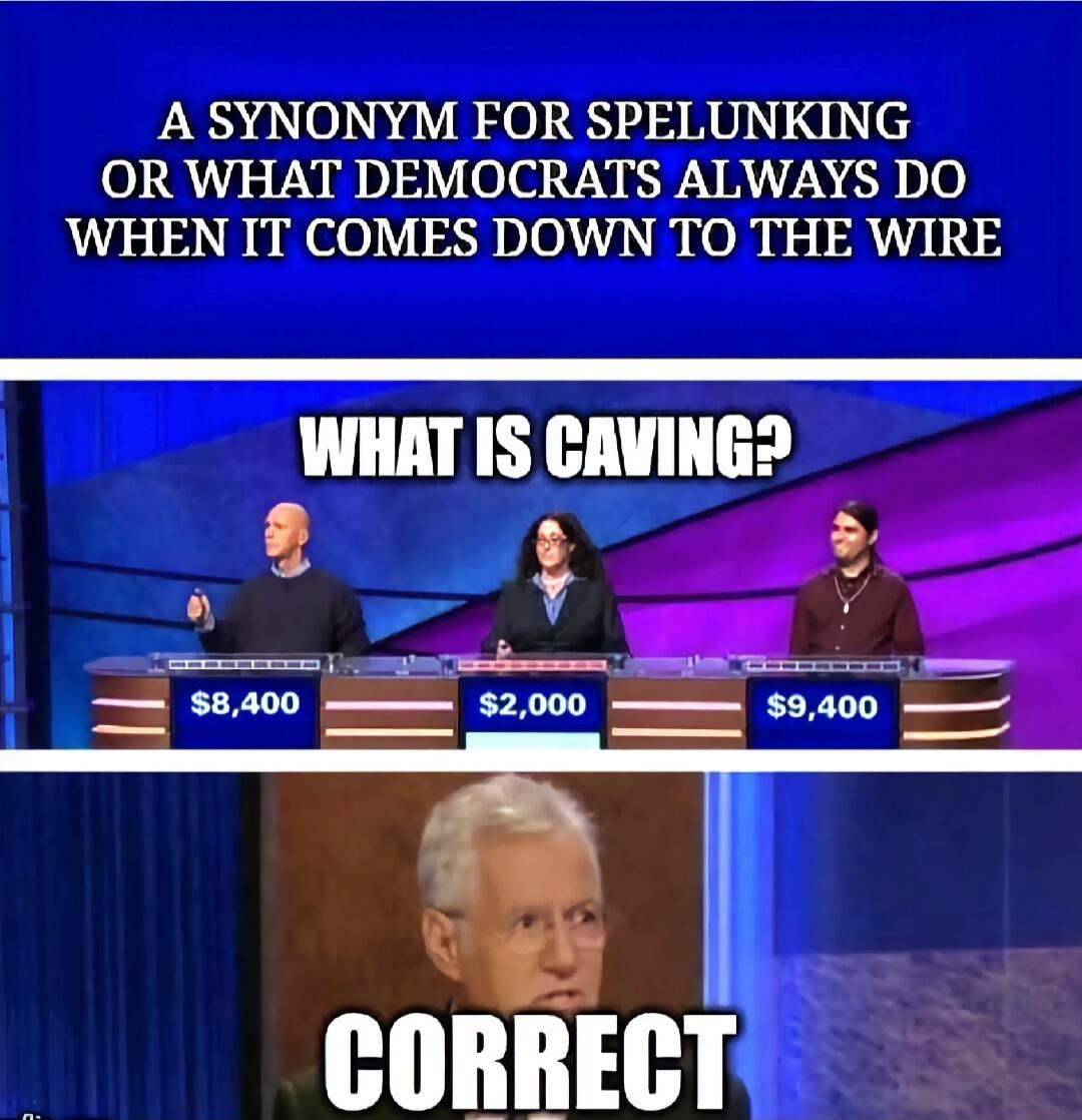 A SYNONYM FOR SPELUNKING OR WHAT DEMOCRATS ALWAYS DO WHEN IT COMES DOWN TO THE WIRE

WHAT IS CAVING?

CORRECT