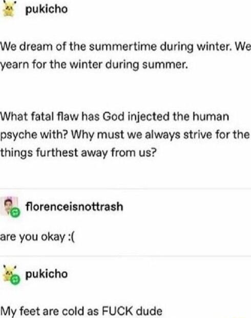 pukicho We dream of the summertime during winter We yearn for the winter during summer What fatal flaw has God injected the human psyche with Why must we always strive for the things furthest away from us florenceisnottrash are you okay pukicho My feet are cold as FUCK dude