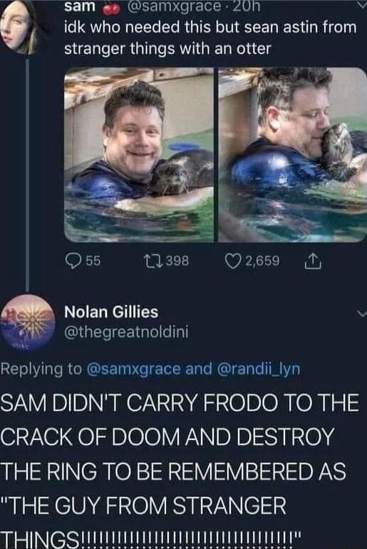 Sam g samxgrace 2Un V f CIQVLENEEEELR G NELEREN RG BERCER GG El 1 11398 Qa2ps9 LGELEEIES v IGEEIEET T Replying to samxgrace and randii_lyn SAM DIDNT CARRY FRODO TO THE CRACK OF DOOM AND DESTROY THE RING TO BE REMEMBERED AS THE GUY FROM STRANGER