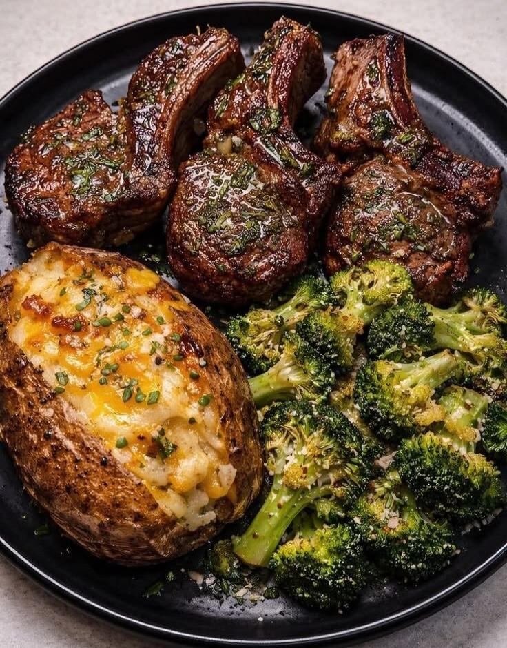 Delicious lamb chops with a baked potato and broccoli.