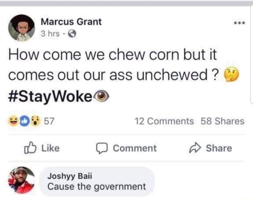 Marcus Grant e 3hrs Q How come we chew corn but it comes out our ass unchewed StayWoke 0 57 12 Comments 58 Shares o Like D comment 2 Share Joshyy Baii Cause the government
