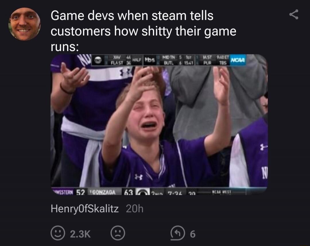 Game devs when steam tells customers how shitty their game runs:
