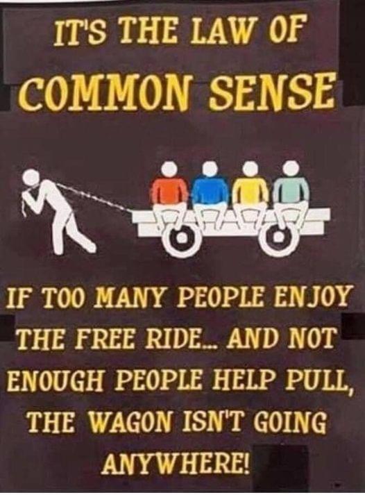 ITS THE LAW OF COMMON SENSE IF T0O0 MANY PEOPLE ENJOY THE FREE RIDE AND NOT ENOUGH PEOPLE HELP PULL THE WAGON ISNT GOING ANYWHERE