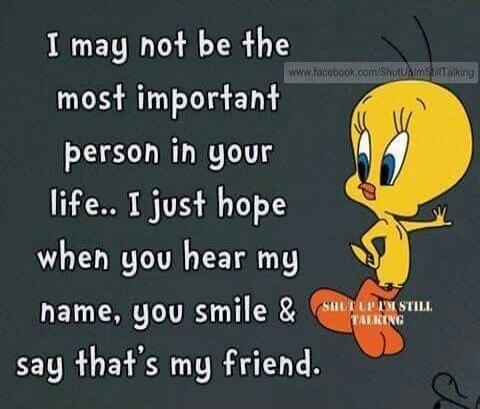 I may not be the most important person in your life.. I just hope when you hear my name, you smile & say that's my friend. www.facebook.com/ShutUpImStillTalking SHUT UP I'M STILL TALKING