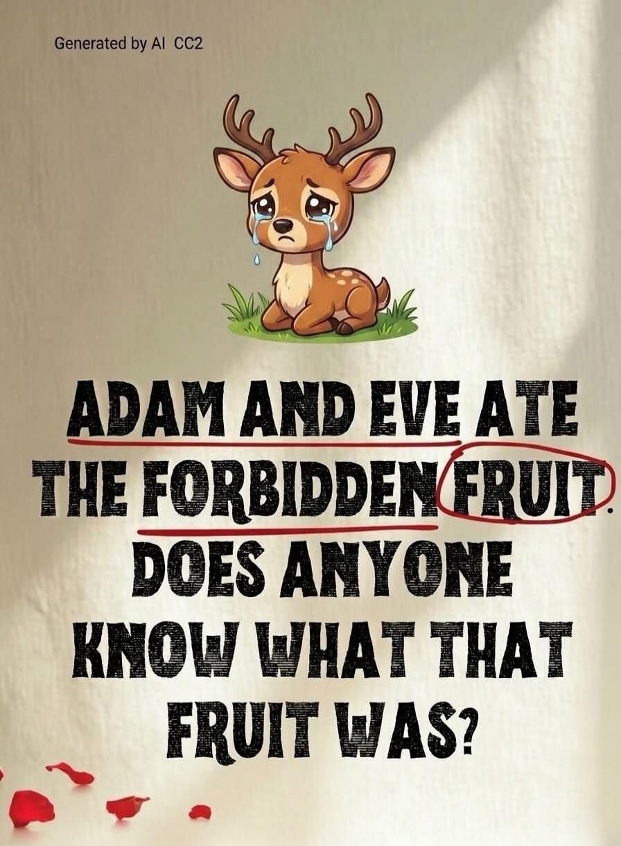 Generated by AI CC2. ADAM AND EVE ATE THE FORBIDDEN FRUIT. DOES ANYONE KNOW WHAT THAT FRUIT WAS?