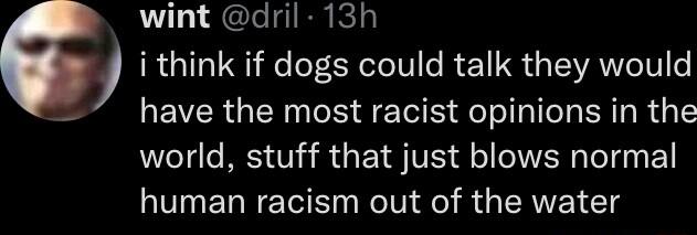 wint dril 13h i think if dogs could talk they would have the most racist opinions in the world stuff that just blows normal human racism out of the water