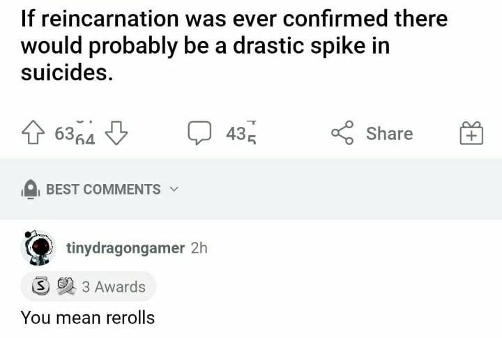 rShowerthoughts uCichiidsaremyjam 2h 291 If reincarnation was ever confirmed there would probably be a drastic spike in s es 6300 Q 42 o2 Share BEST COMMENTS v tinydragongamer 2h 3 Awards You mean rerolls Reply 27k