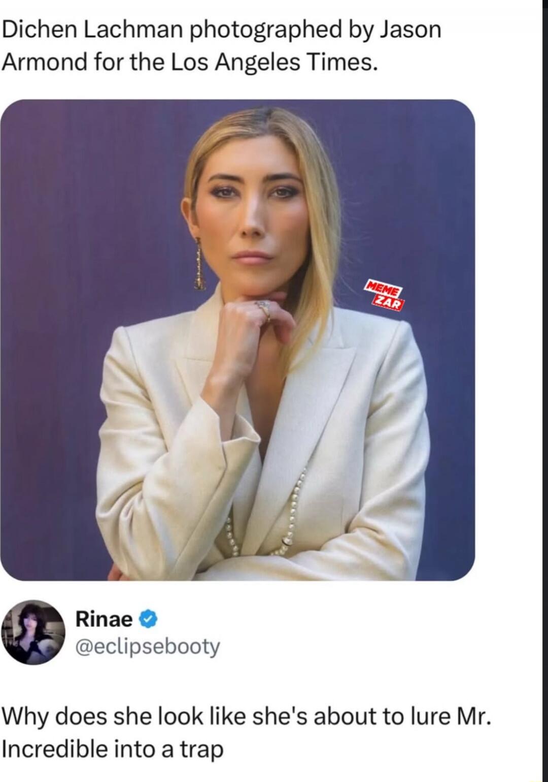 Dichen Lachman photographed by Jason Armond for the Los Angeles Times.
Rinae @eclipsebooty Why does she look like she's about to lure Mr. Incredible into a trap