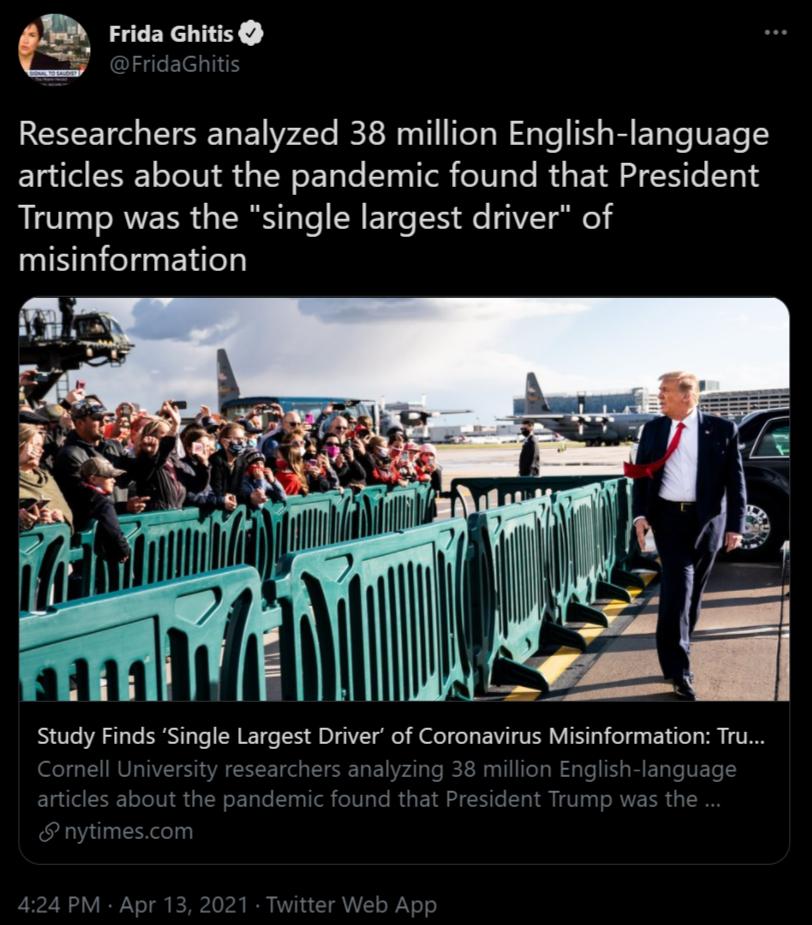 Frida Ghitis FridaGhit RENET TS B 2T REt R Tl TeT oW S Te N R ETaTeVETe articles about the pandemic found that President RV Taa SRV EER RS Te SR ETde T e 11VT i IISTlely s ELilely