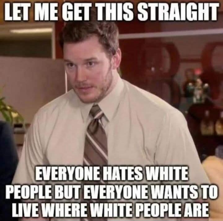 LET ME GET THIS STRAIGHT EVERYONE HATES WHITE PEOPLE BUT EVERYONE WANTS TO LIVE WHERE WHITE PEOPLE ARE